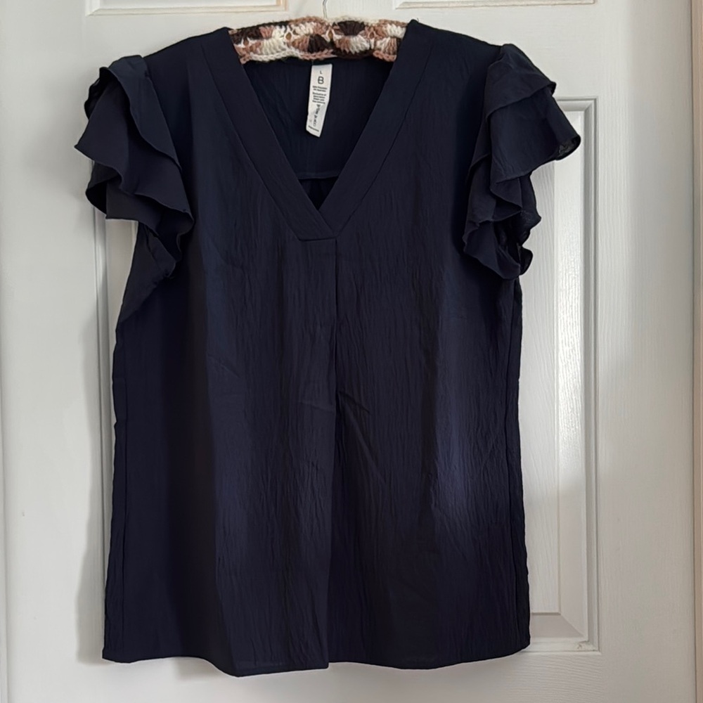Navy Ruffle Sleeve V-Neck Top